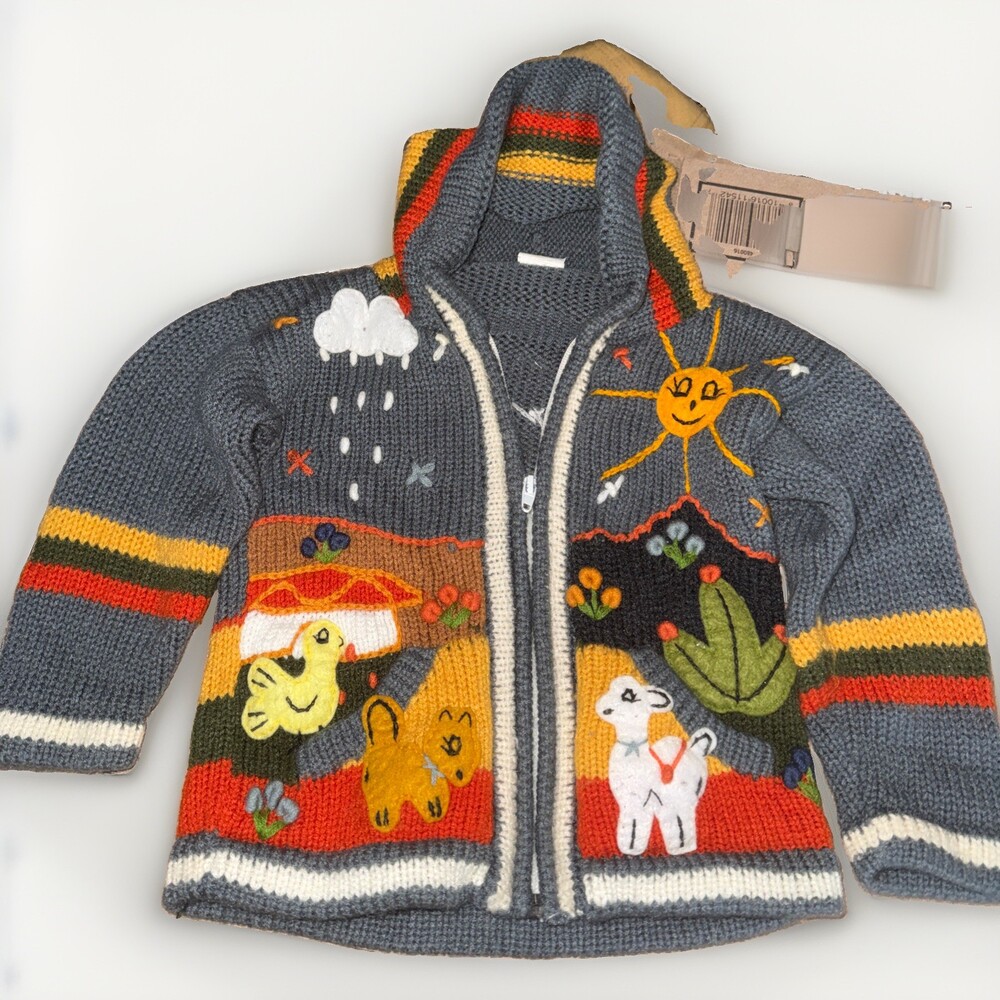 Pahuapa Peruvian Handmade Kids Hoodie Sweater Size 2T Gray Acrylic Applique